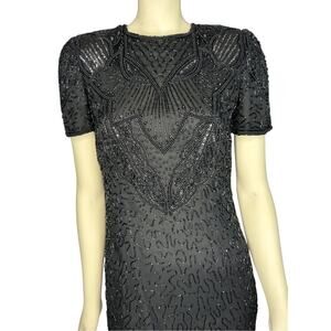 Vintage AP LTD Black 100% Silk Sequin Beaded short sleeved cocktail dress size 6